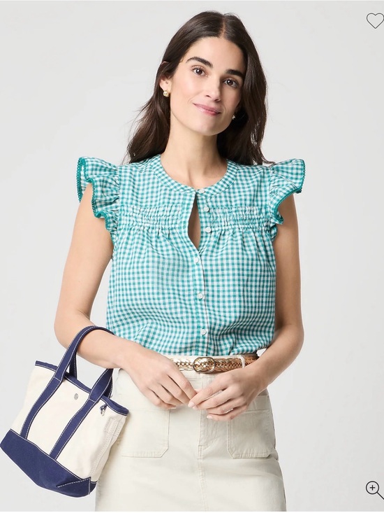 Tops - NWT! JCrew Green Gingham Flutter-Sleeve Blouse Size Large